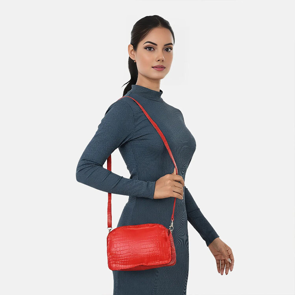Specially Crafted In India-Valliserie 100% Genuine Leather Croco Pattern Crossbody Sling Bag - Red