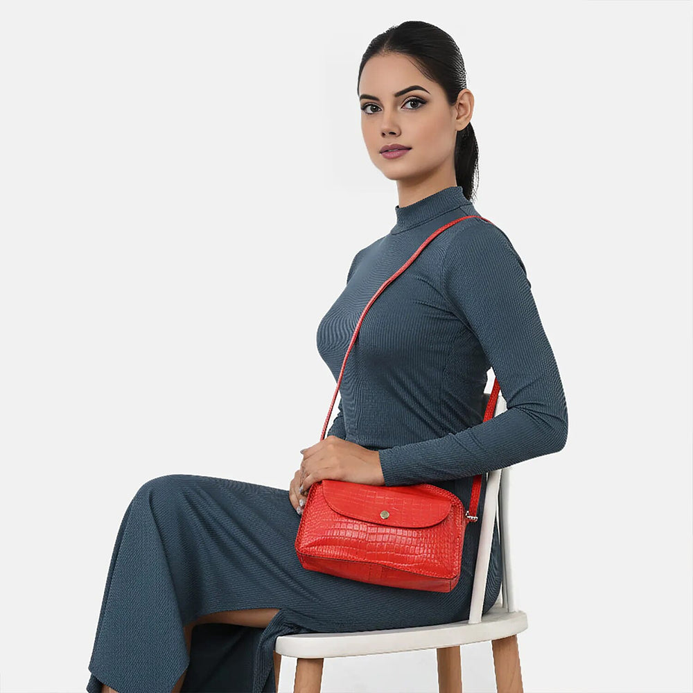 Specially Crafted In India-Valliserie 100% Genuine Leather Croco Pattern Crossbody Sling Bag - Red