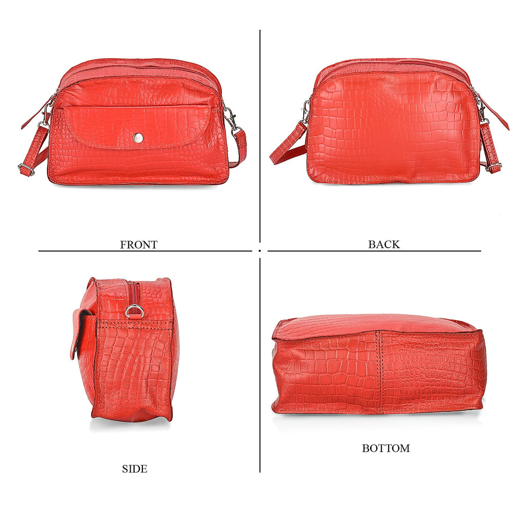 Specially Crafted In India-Valliserie 100% Genuine Leather Croco Pattern Crossbody Sling Bag - Red