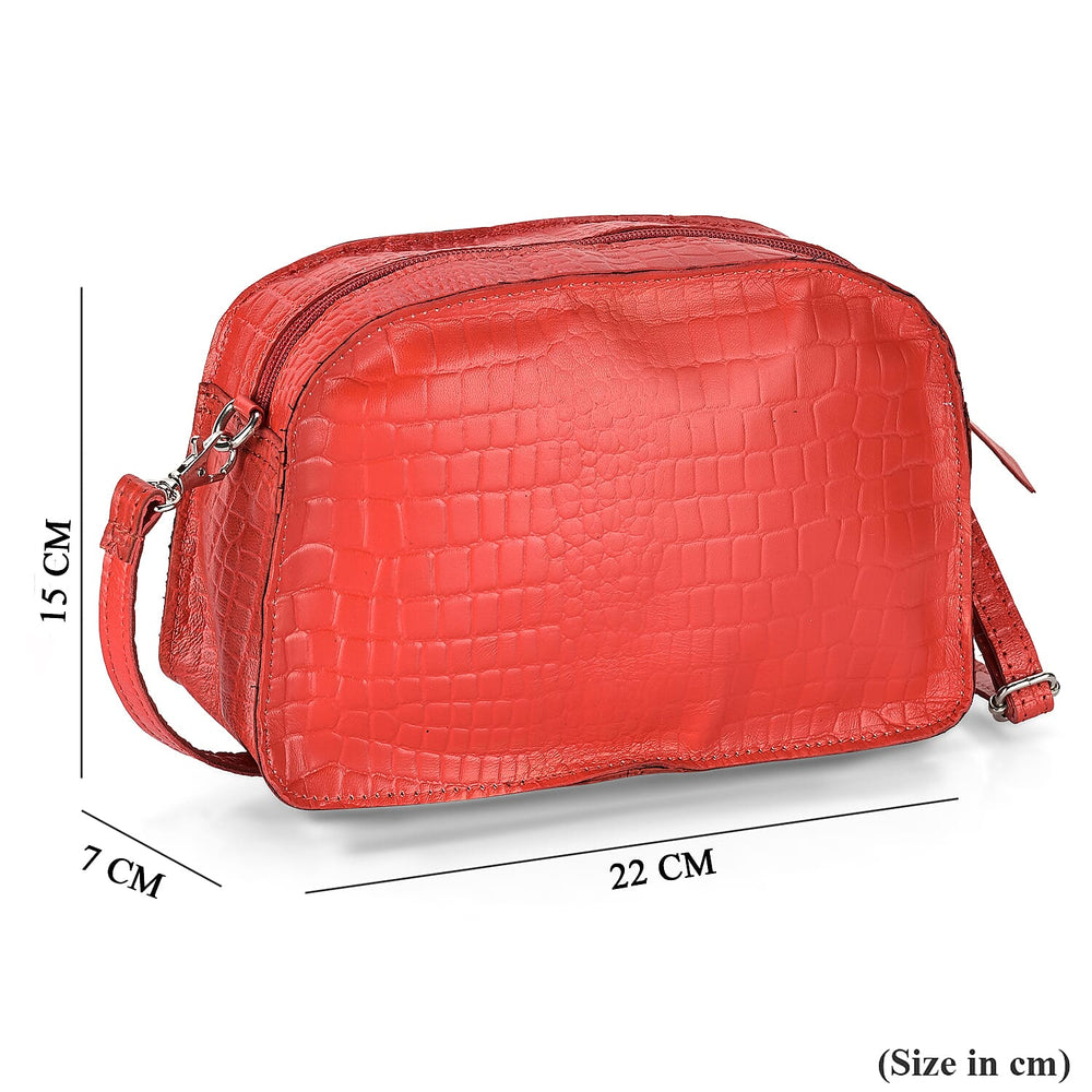 Specially Crafted In India-Valliserie 100% Genuine Leather Croco Pattern Crossbody Sling Bag - Red