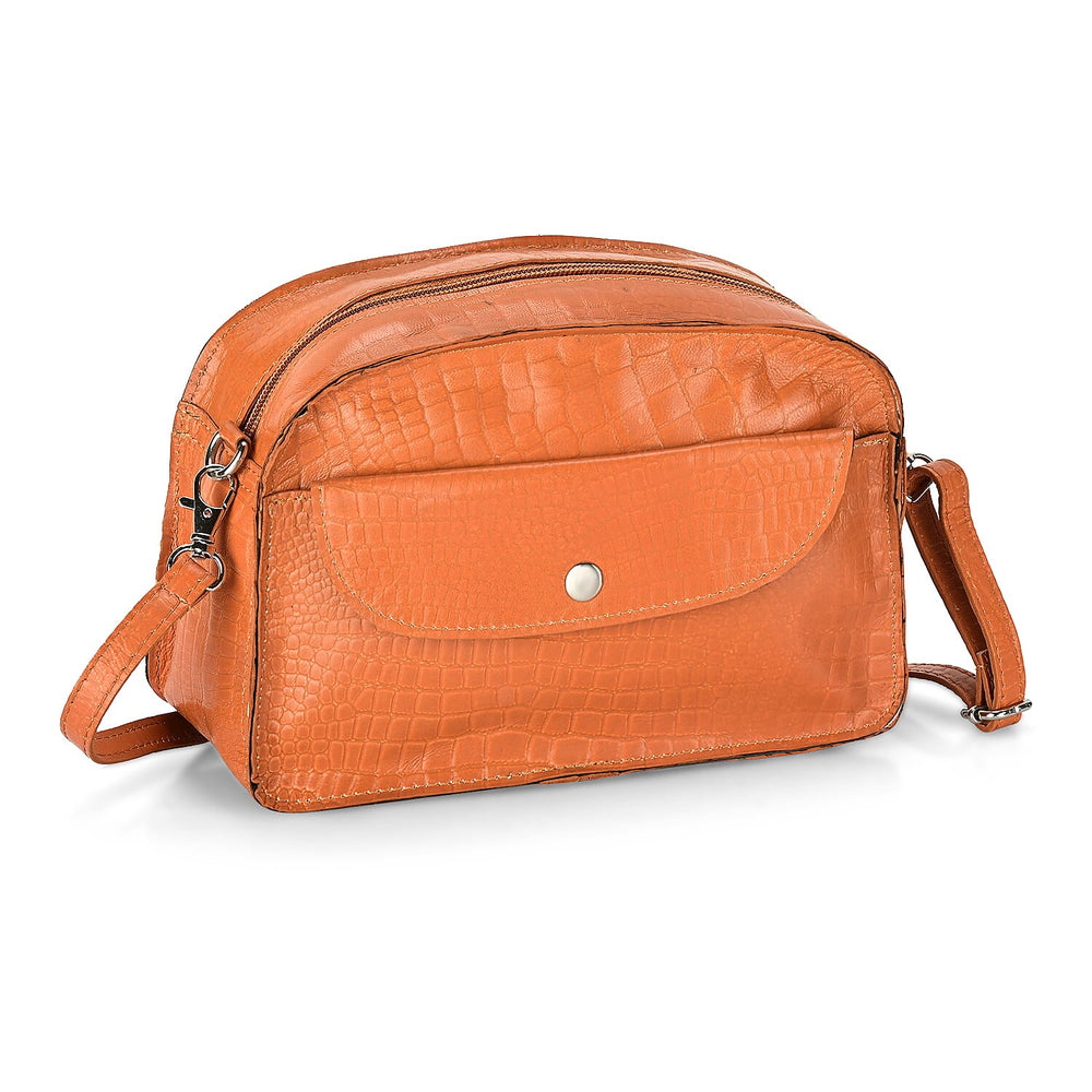 Valliserie 100% Genuine Leather Croco Pattern Crossbody Sling Bag - Tan