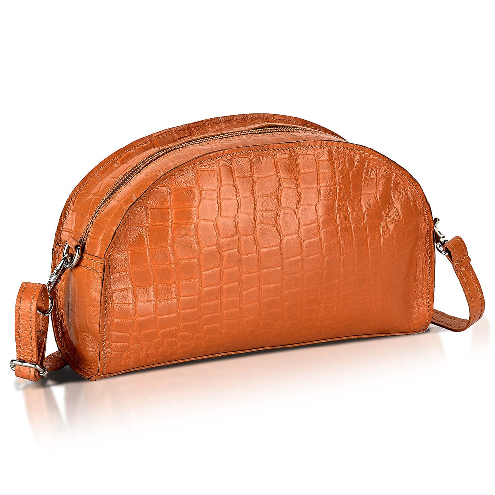 Valissiere Croc Embossed Genuine Leather Crossbody Sling Bag With Front Zip Pocket - Tan