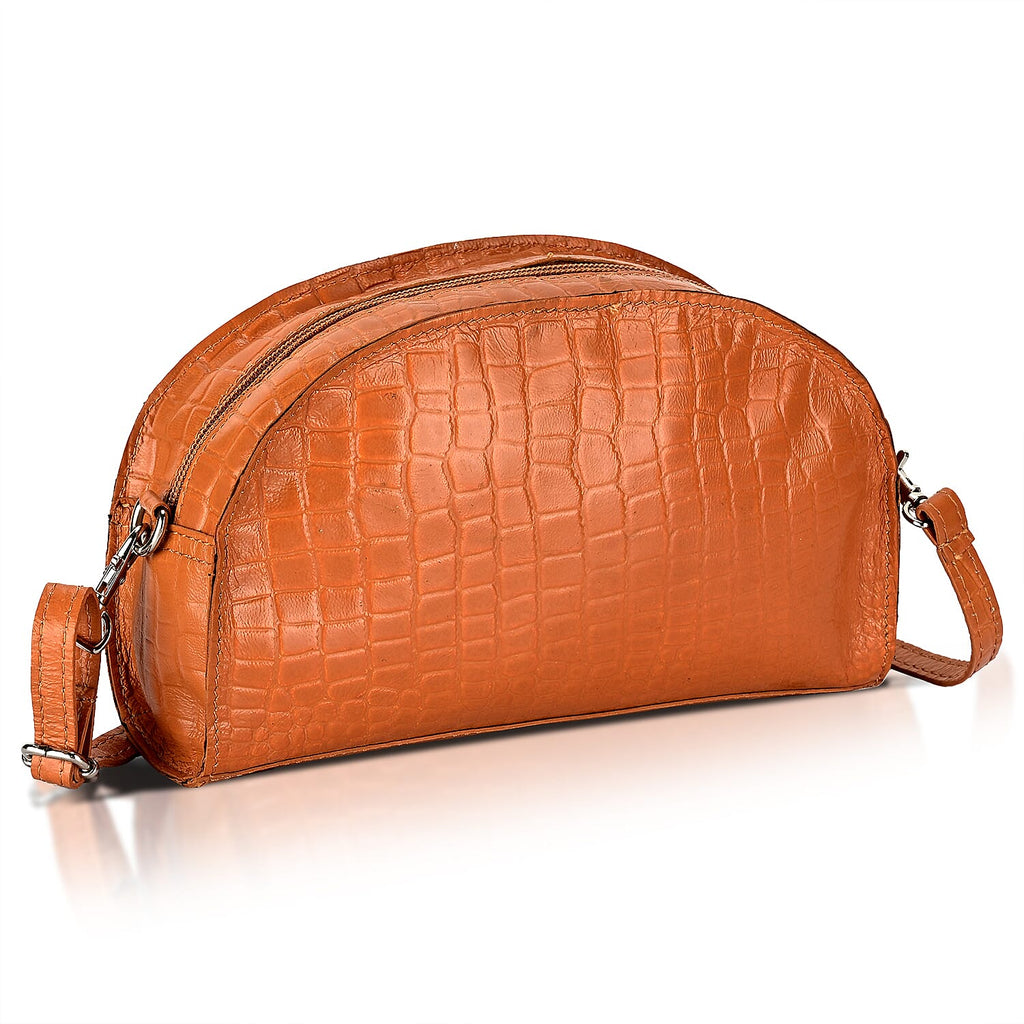 Valissiere Croc Embossed Genuine Leather Crossbody Sling Bag With Front Zip Pocket - Tan