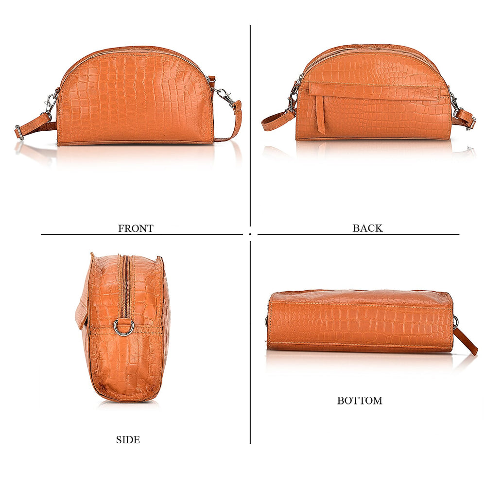 Valissiere Croc Embossed Genuine Leather Crossbody Sling Bag With Front Zip Pocket - Tan