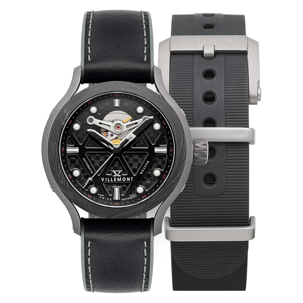 VILLEMONT Limited Edition Mens Tenacity Swiss Movement Granite Black Dial 20ATM Water Resistant Mens Watch with Black - Stainless Steel Strap