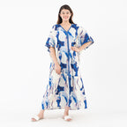 Tamsy American Crepe Long Kaftan with Lace (One Size) - Blue