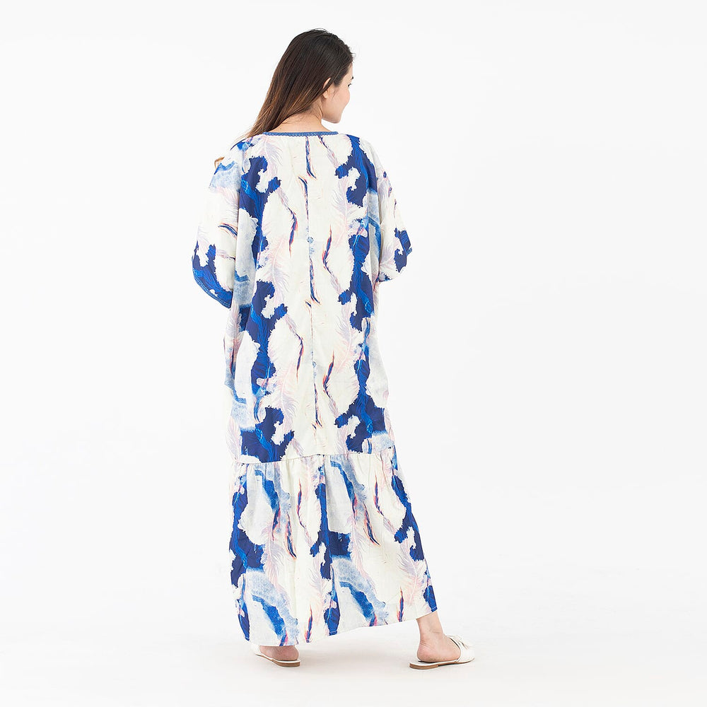Tamsy American Crepe Long Kaftan with Lace (One Size) - Blue