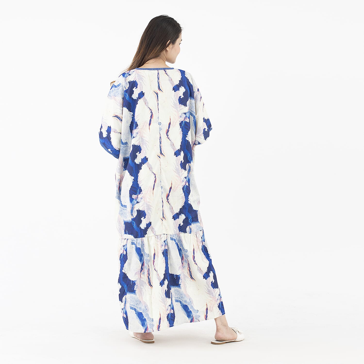 Tamsy American Crepe Long Kaftan with Lace (One Size) - Blue
