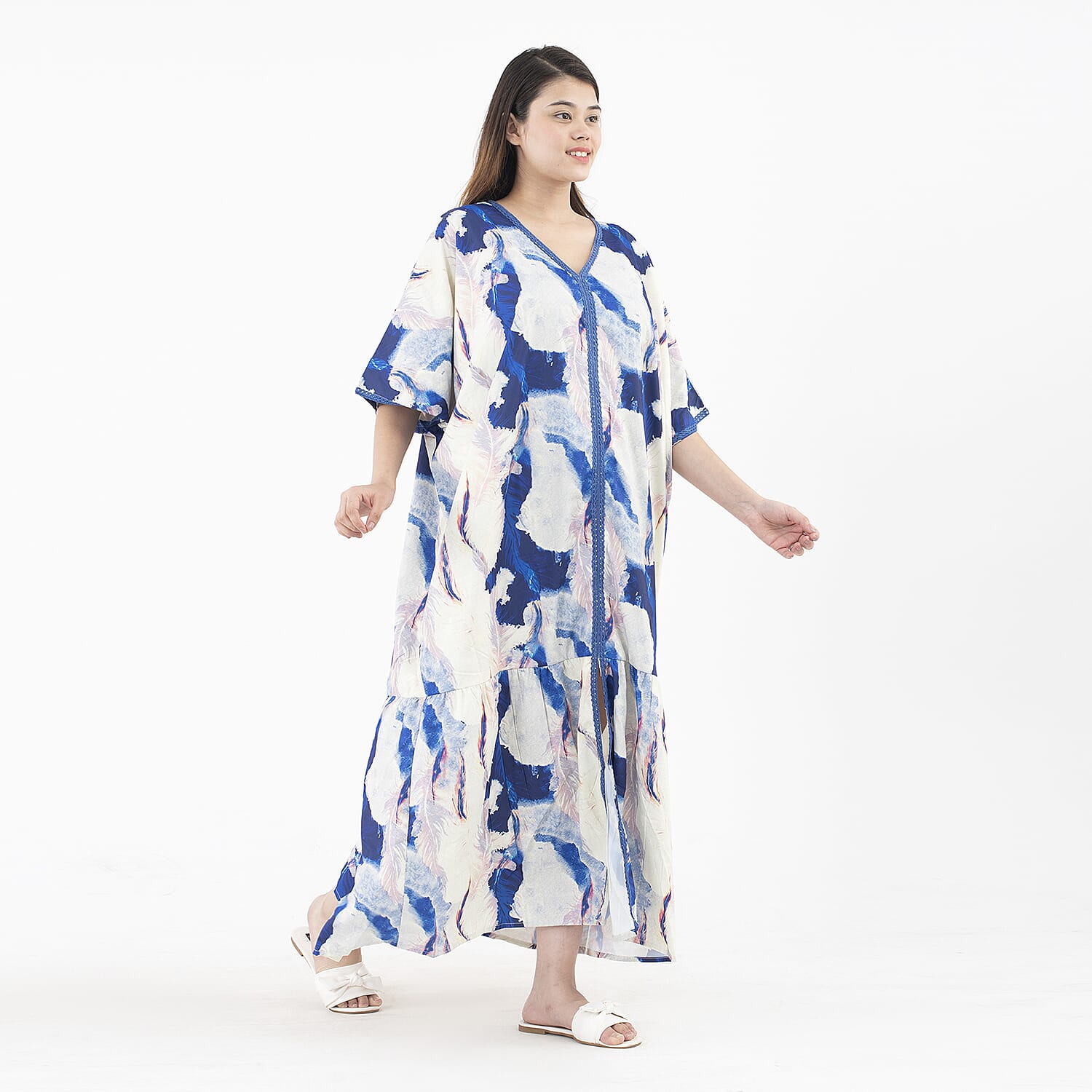 Tamsy American Crepe Long Kaftan with Lace (One Size) - Blue