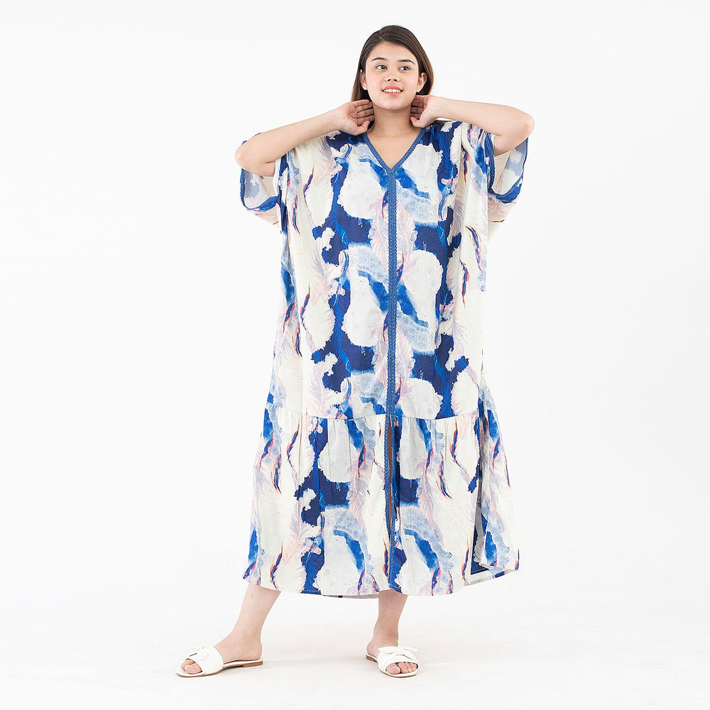 Tamsy American Crepe Long Kaftan with Lace (One Size) - Blue