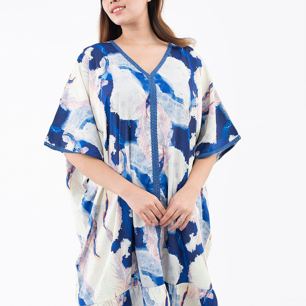 Tamsy American Crepe Long Kaftan with Lace (One Size) - Blue