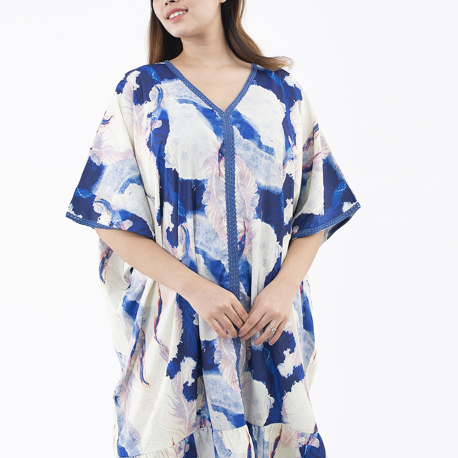 Tamsy American Crepe Long Kaftan with Lace (One Size) - Blue