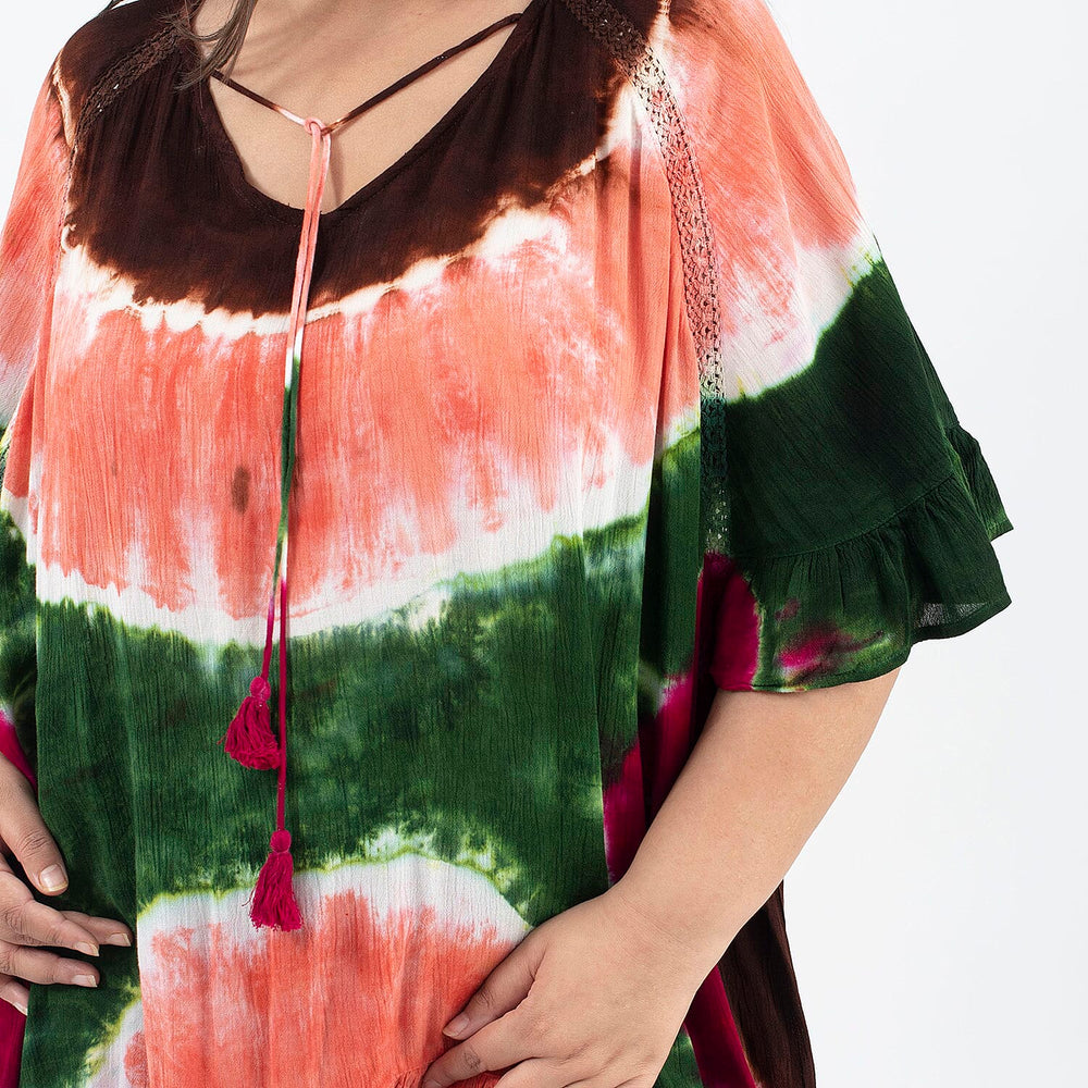 Tamsy 100% Viscose Tie Dye Kaftan (One Size, 8-18) - Red