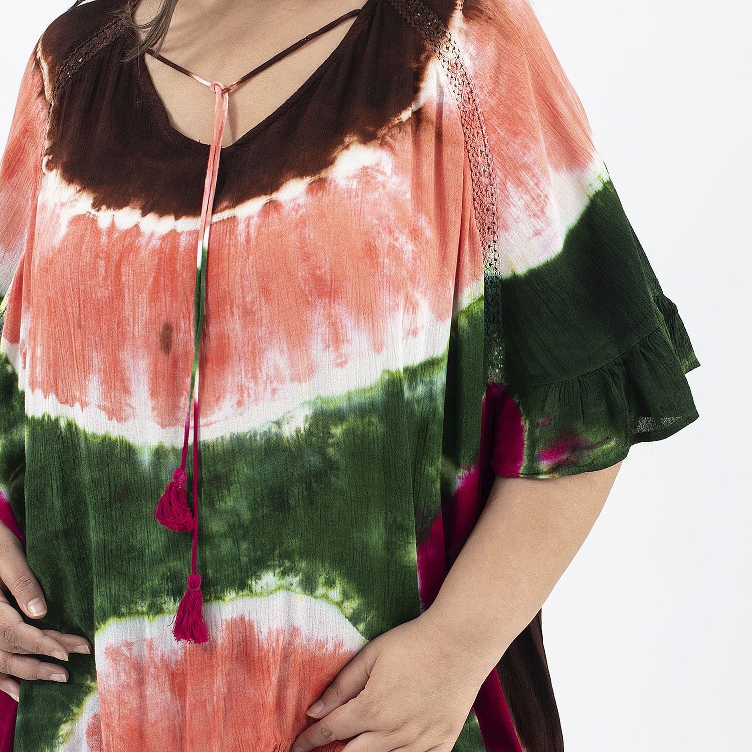 Tamsy 100% Viscose Tie Dye Kaftan (One Size, 8-18) - Red