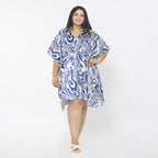 Tamsy Exclusive Swirl Print Short Kaftan (One Size, 8-18) - Blue & White