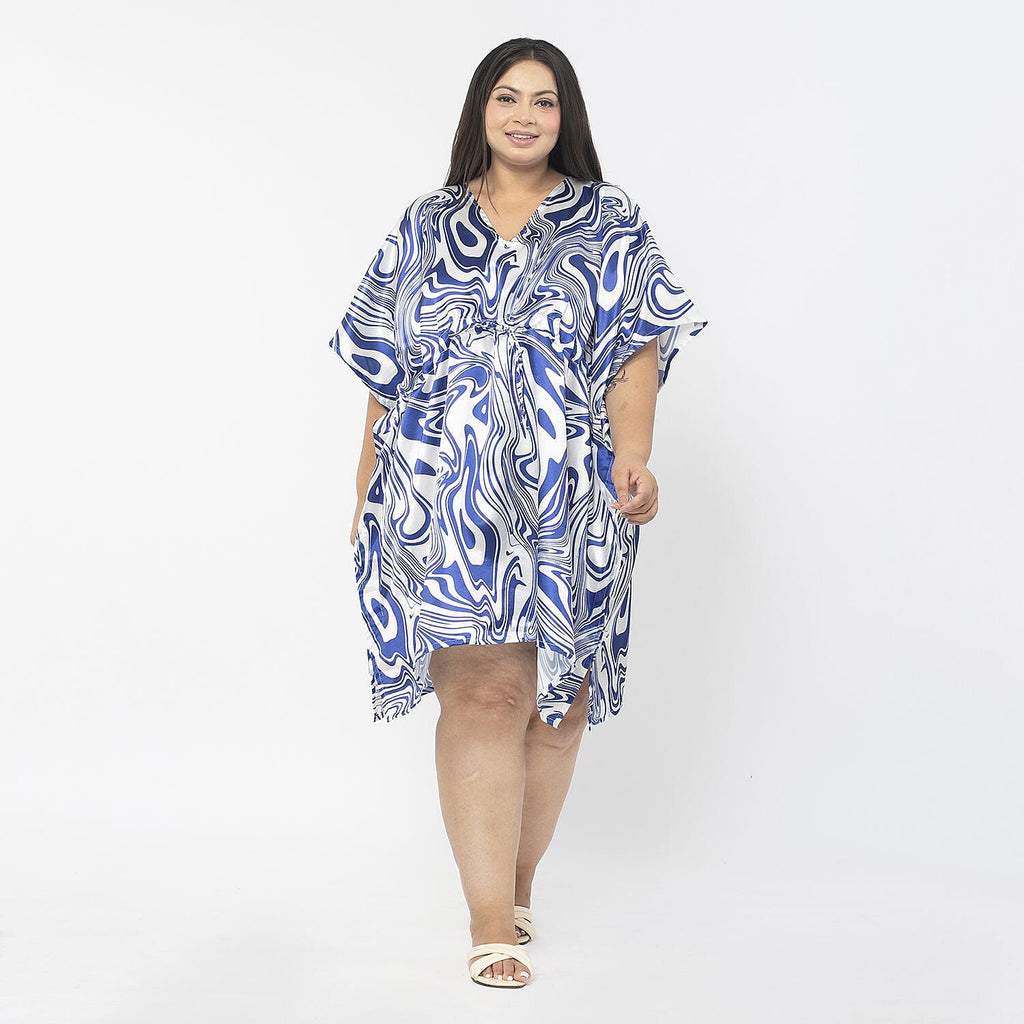 Tamsy Exclusive Swirl Print Short Kaftan (One Size, 8-18) - Blue & White