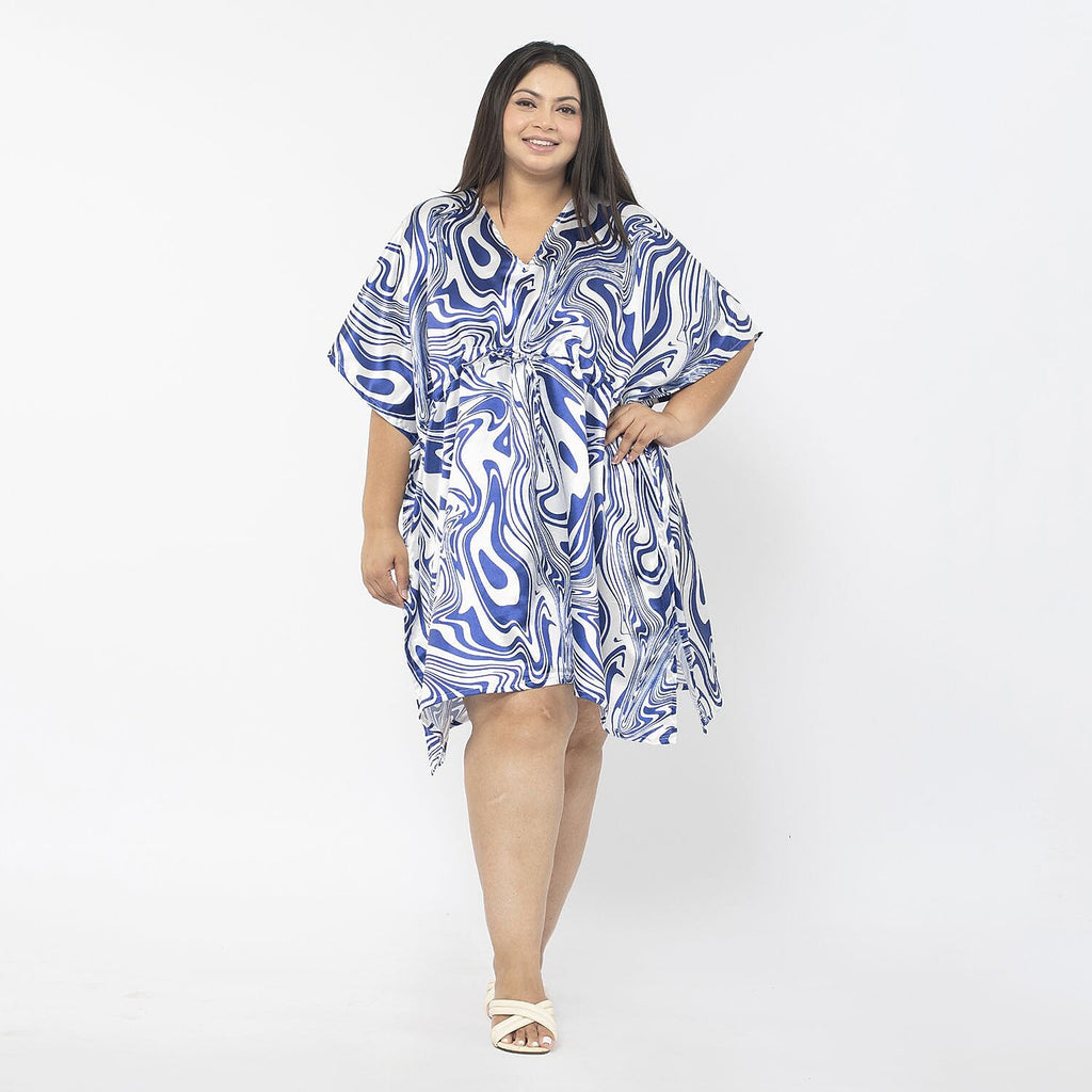Tamsy Exclusive Swirl Print Short Kaftan (One Size Curve, 20-26) -Blue & White