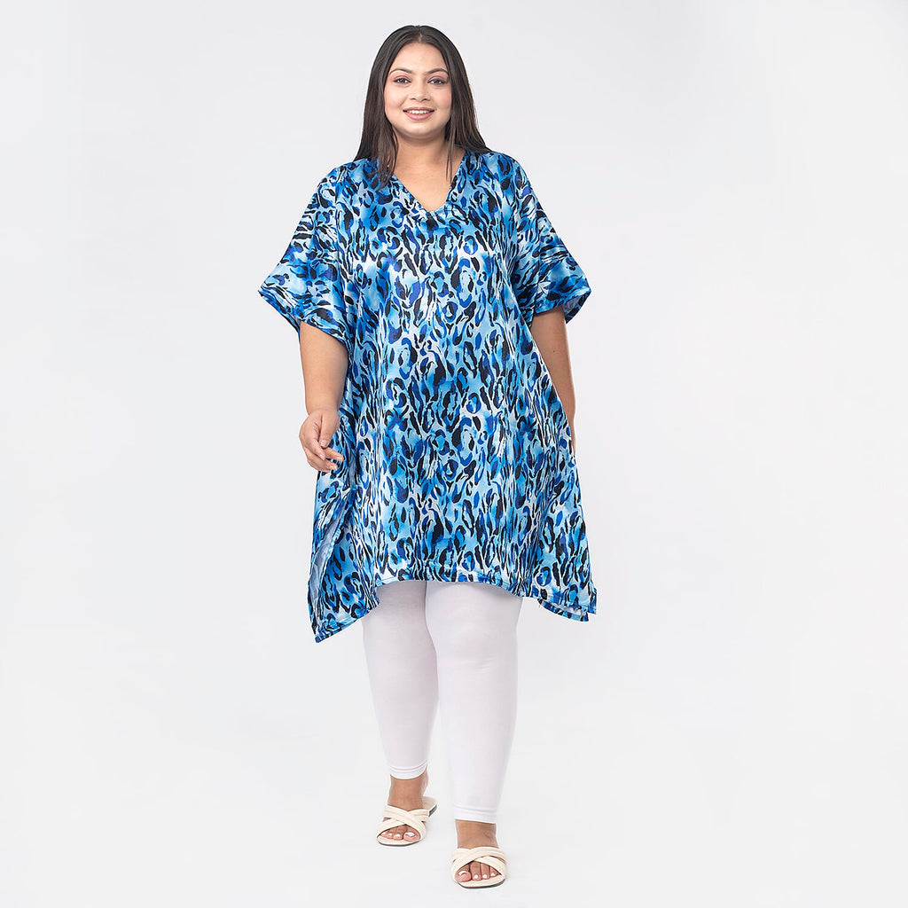 TAMSY Exclusive Blue Leopard Short Kaftan (One Size Curve,20-26) - Blue