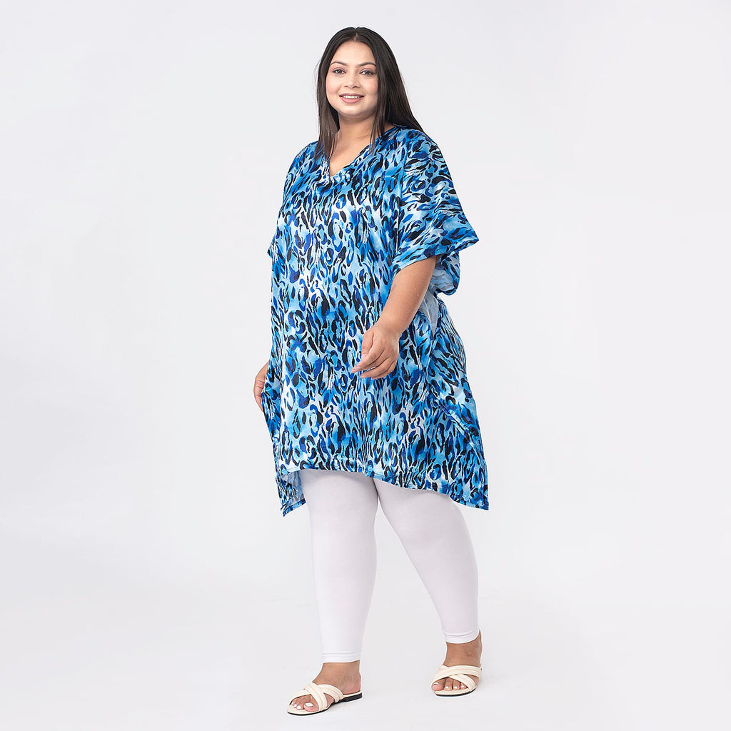 TAMSY Exclusive Blue Leopard Short Kaftan (One Size Curve,20-26) - Blue