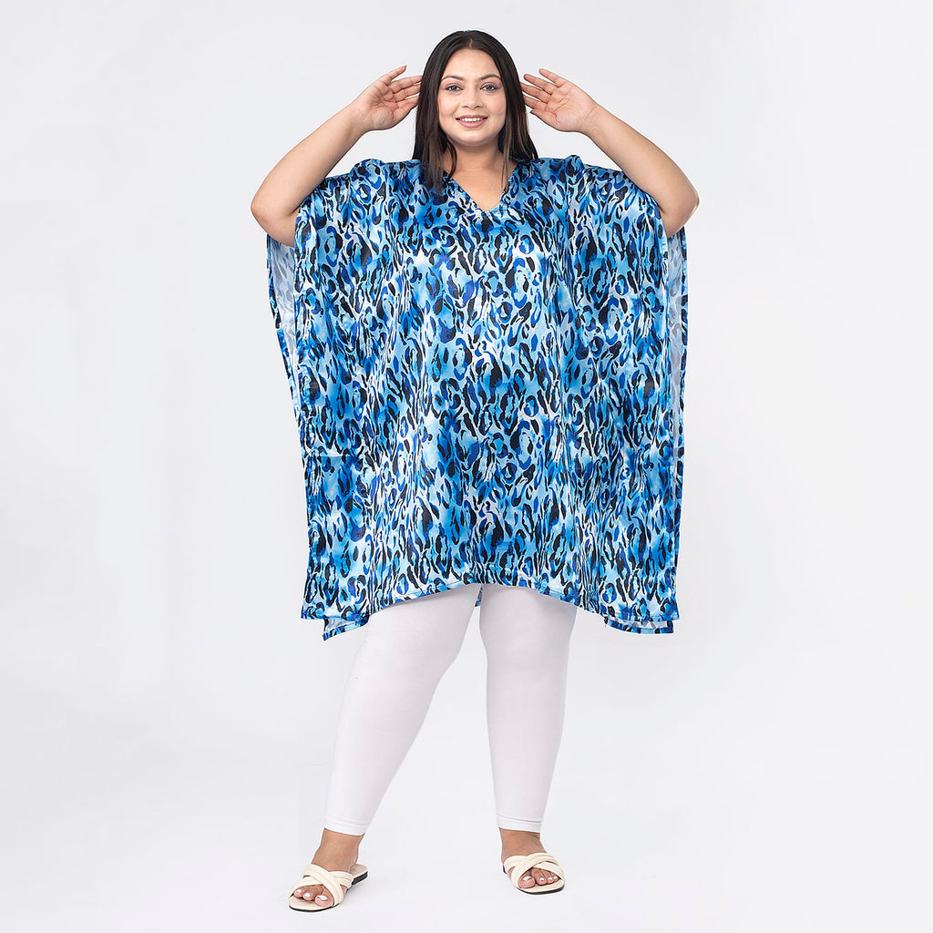 TAMSY Exclusive Blue Leopard Short Kaftan (One Size Curve,20-26) - Blue