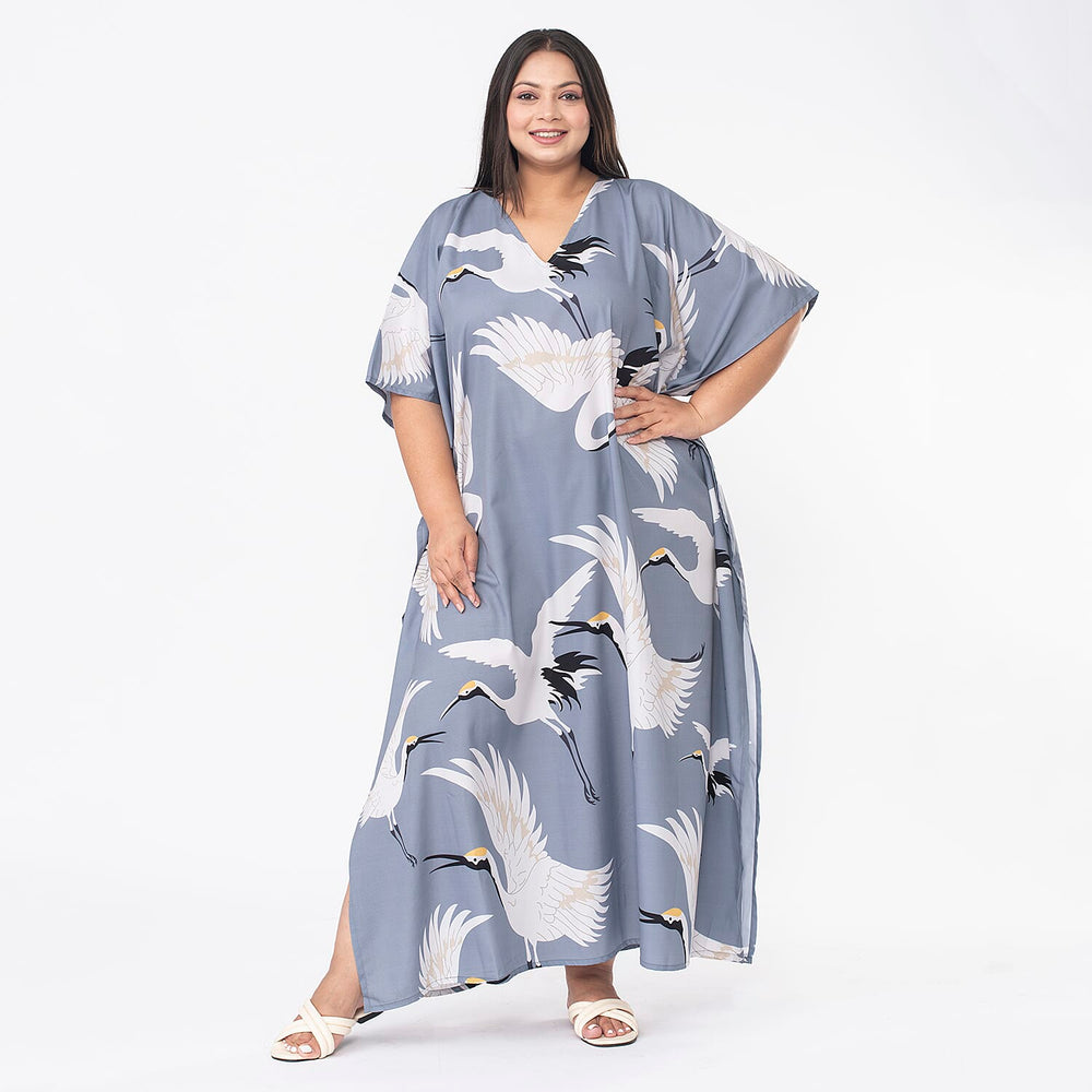 TAMSY Crane Printed Long Kaftan (One Size Curve, 20-26) - Grey