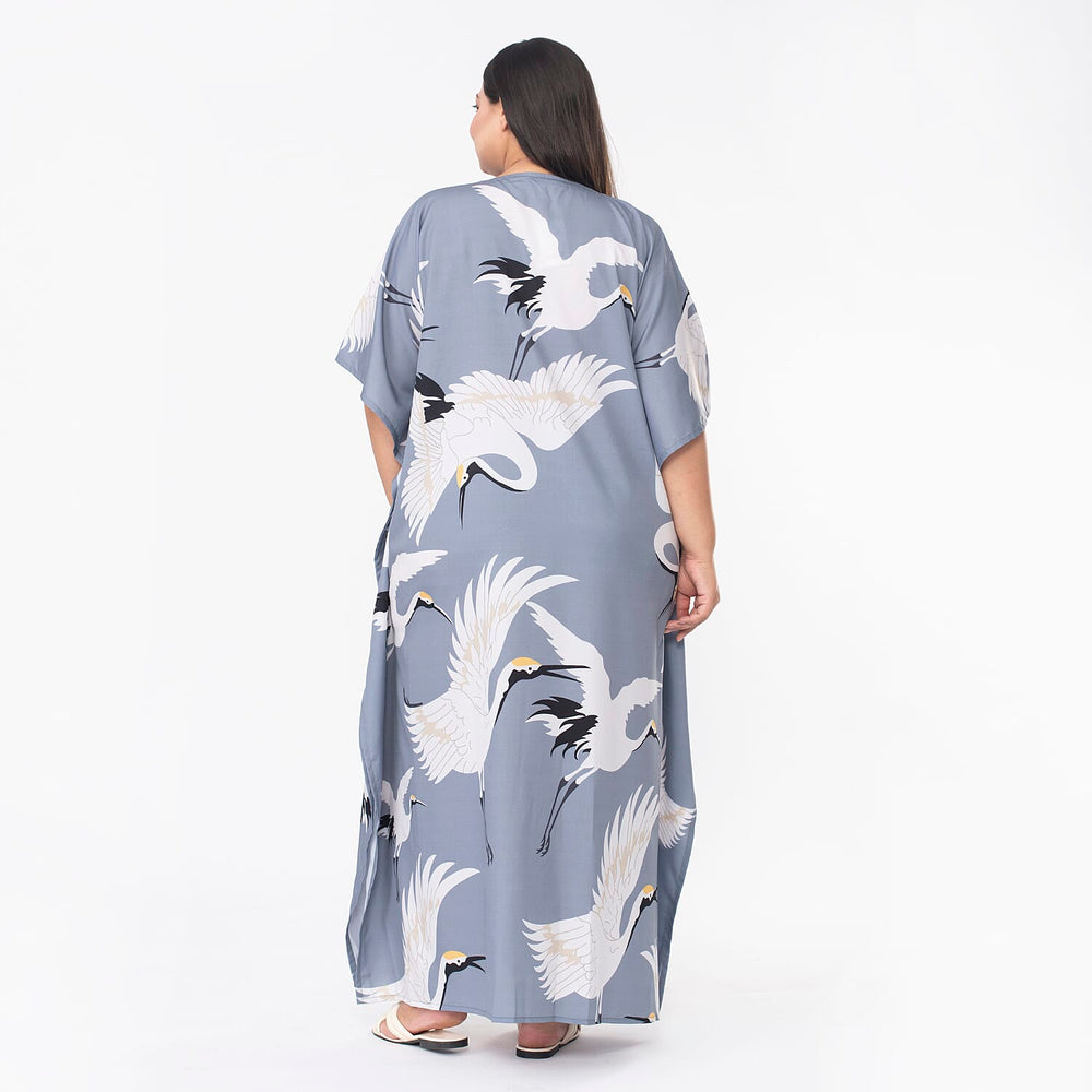 TAMSY Crane Printed Long Kaftan (One Size Curve, 20-26) - Grey