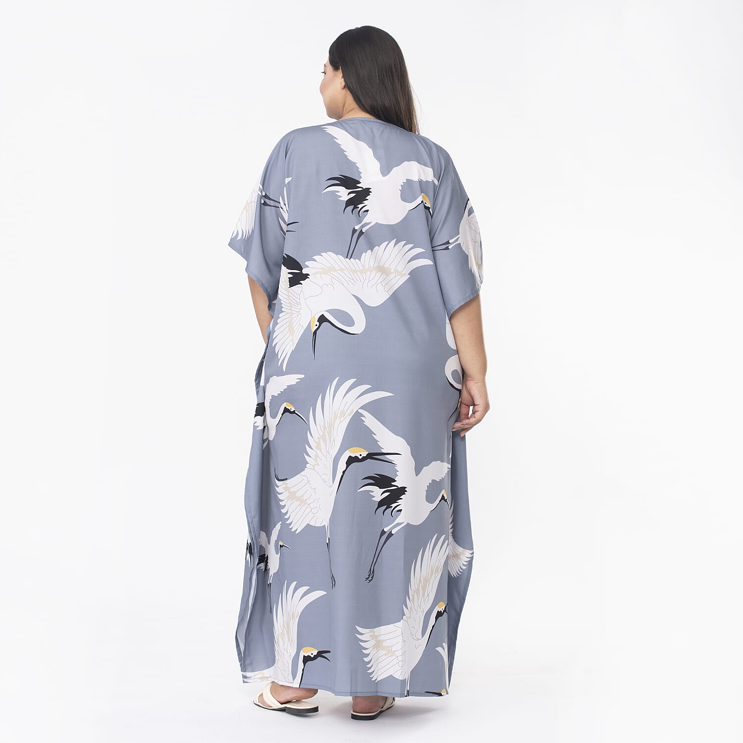 TAMSY Crane Printed Long Kaftan (One Size Curve, 20-26) - Grey