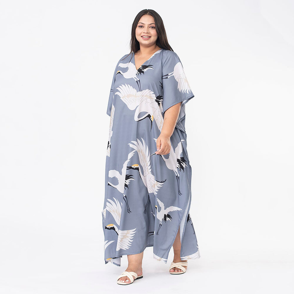 TAMSY Crane Printed Long Kaftan (One Size Curve, 20-26) - Grey