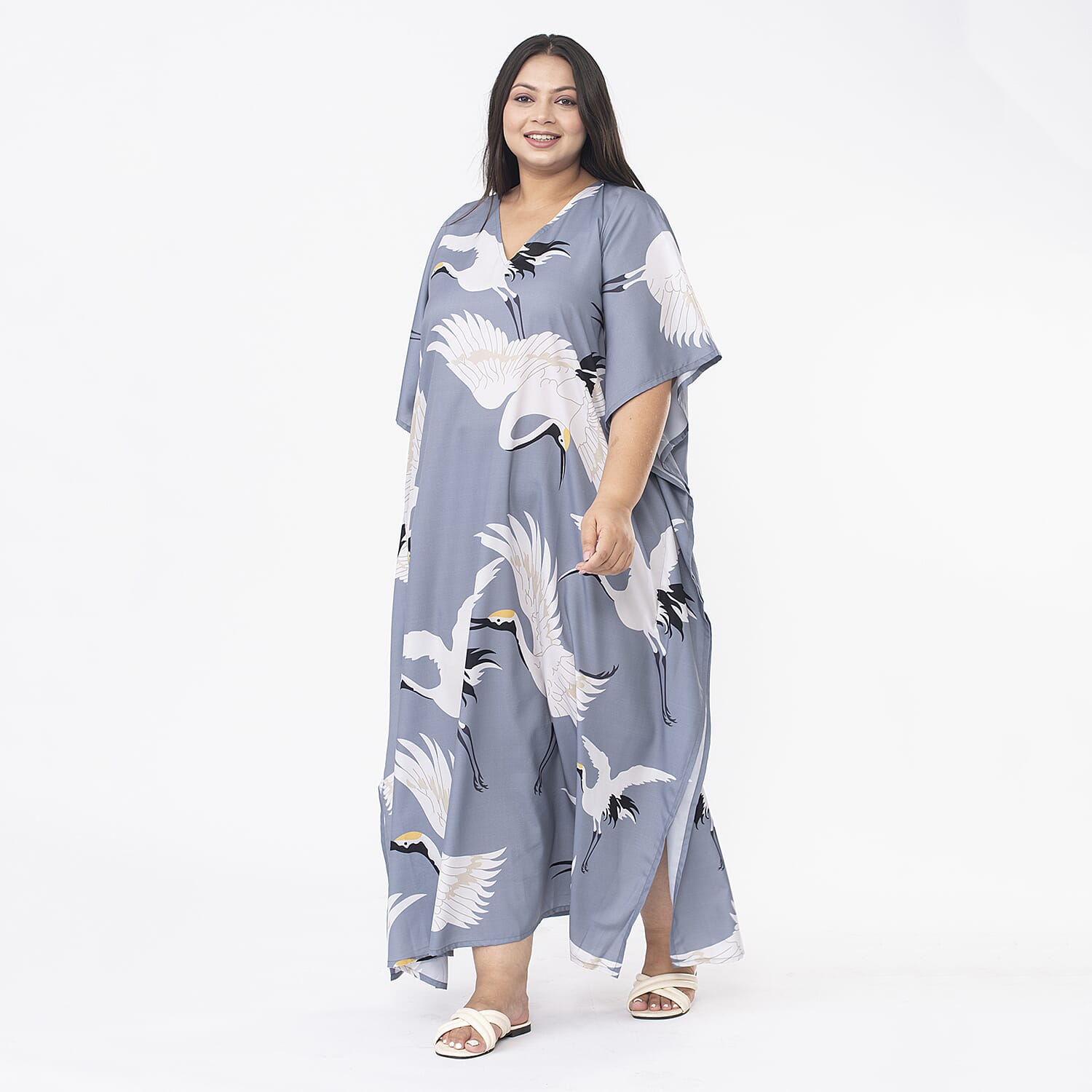 TAMSY Crane Printed Long Kaftan (One Size Curve, 20-26) - Grey