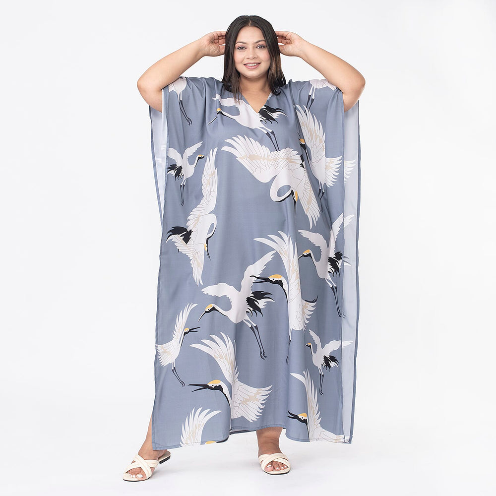 TAMSY Crane Printed Long Kaftan (One Size Curve, 20-26) - Grey