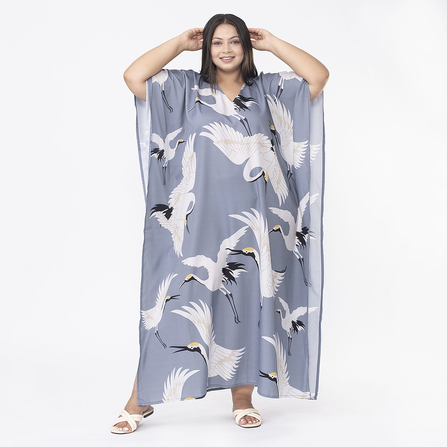 TAMSY Crane Printed Long Kaftan (One Size Curve, 20-26) - Grey