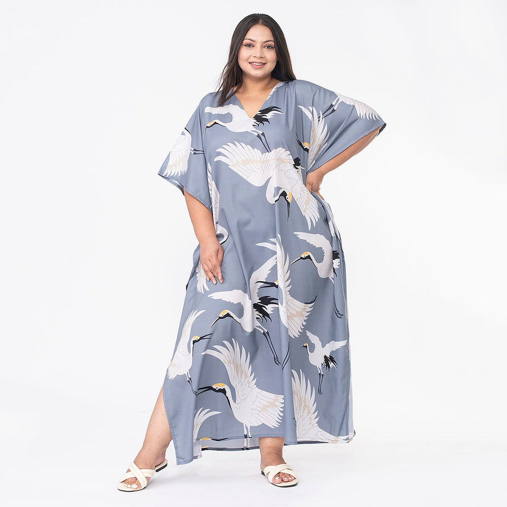 TAMSY Crane Printed Long Kaftan (One Size Curve, 20-26) - Grey