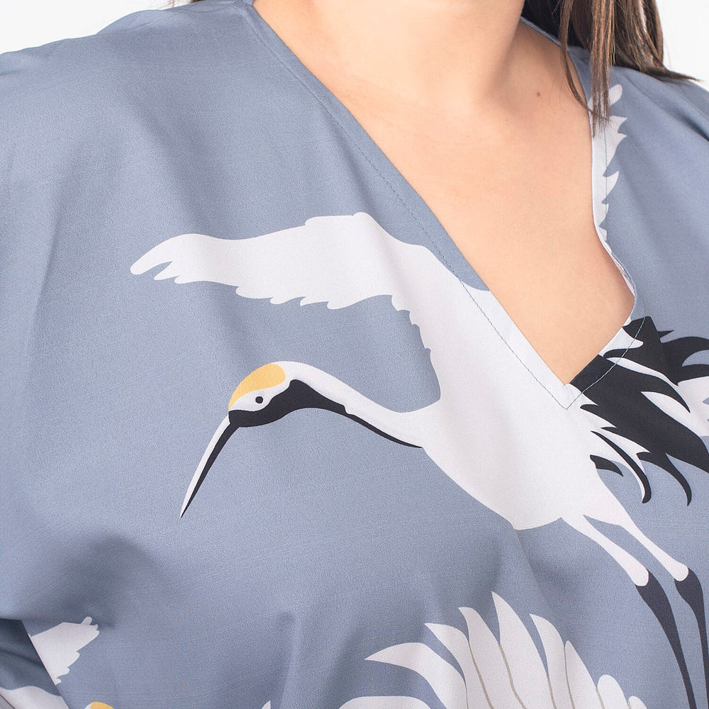 TAMSY Crane Printed Long Kaftan (One Size Curve, 20-26) - Grey