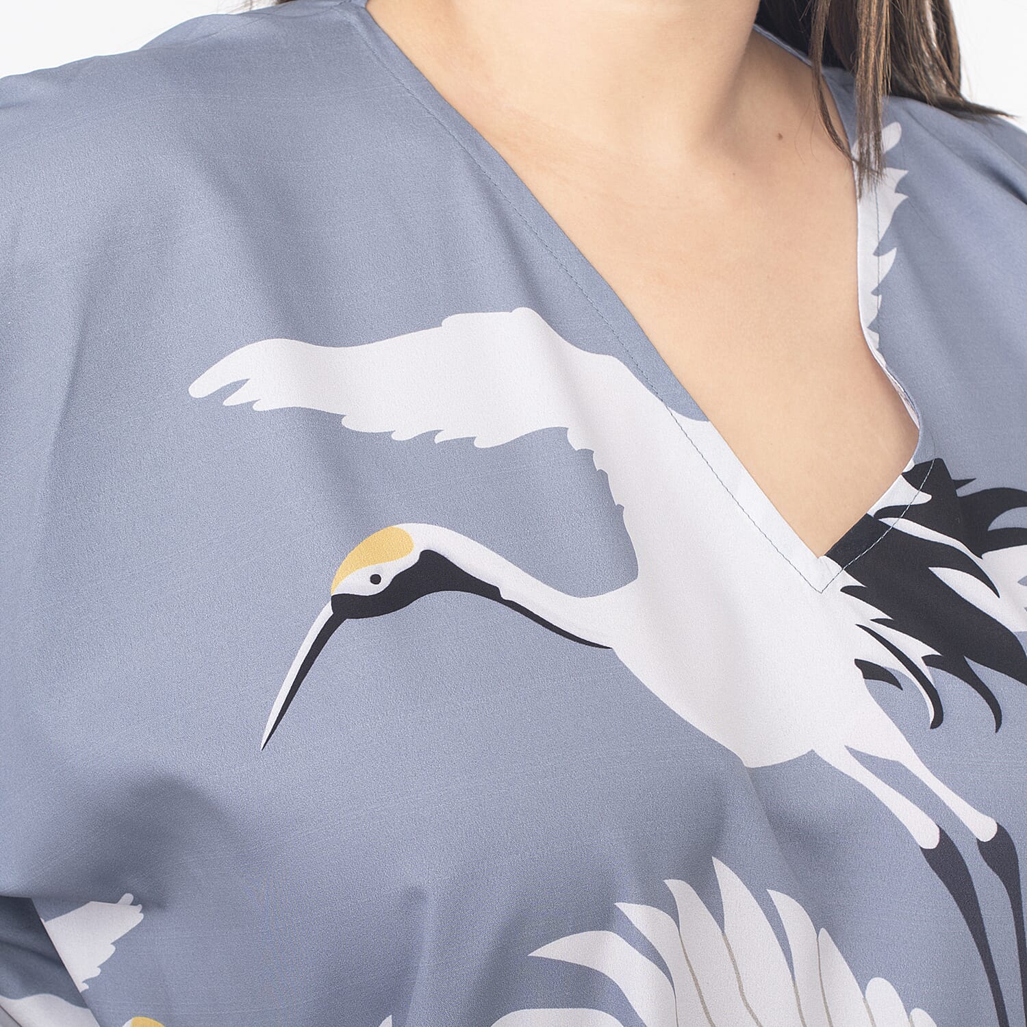 TAMSY Crane Printed Long Kaftan (One Size Curve, 20-26) - Grey