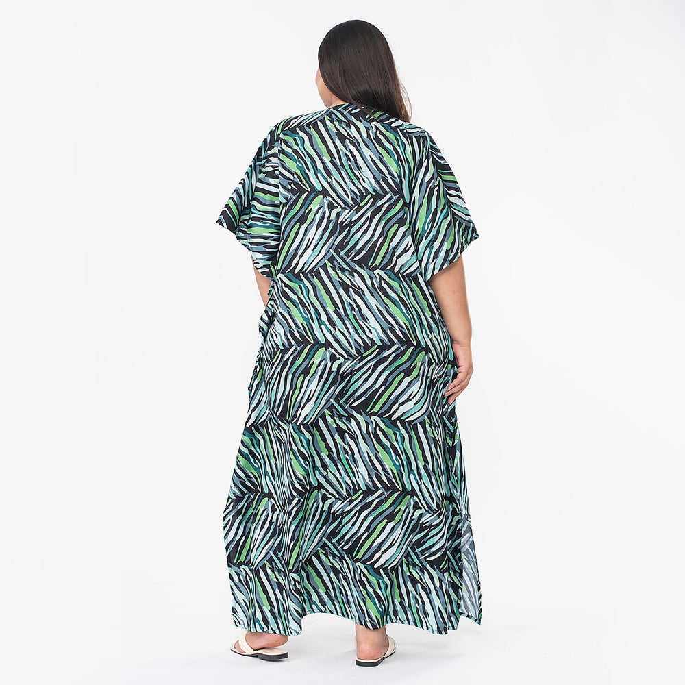 Tamsy 100% Viscose Midi Umbrella Dress with Pockets (Curve Size) - Green & Black