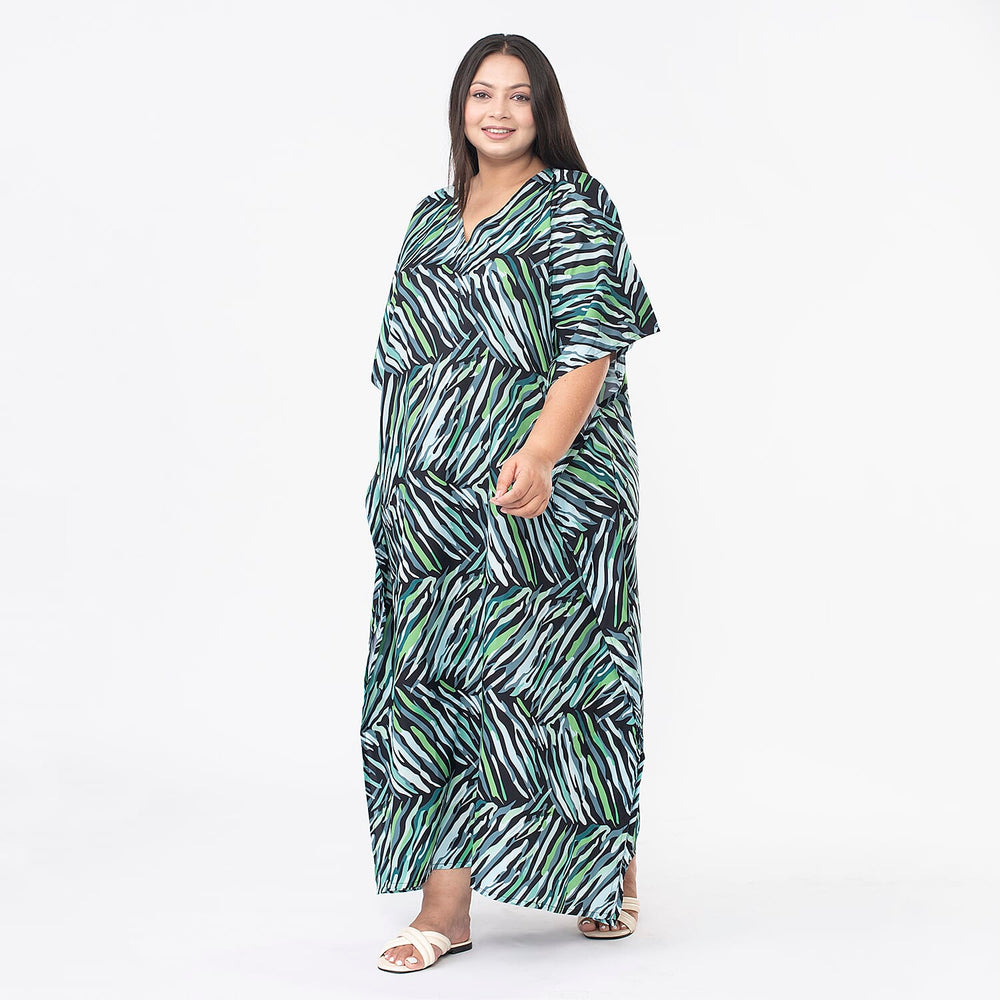 Tamsy 100% Viscose Midi Umbrella Dress with Pockets (Curve Size) - Green & Black