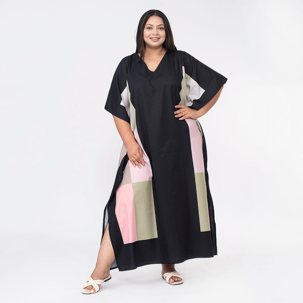 TAMSY Square Printed Long Kaftan (One Size Curve, 20-26) - Pink and Black
