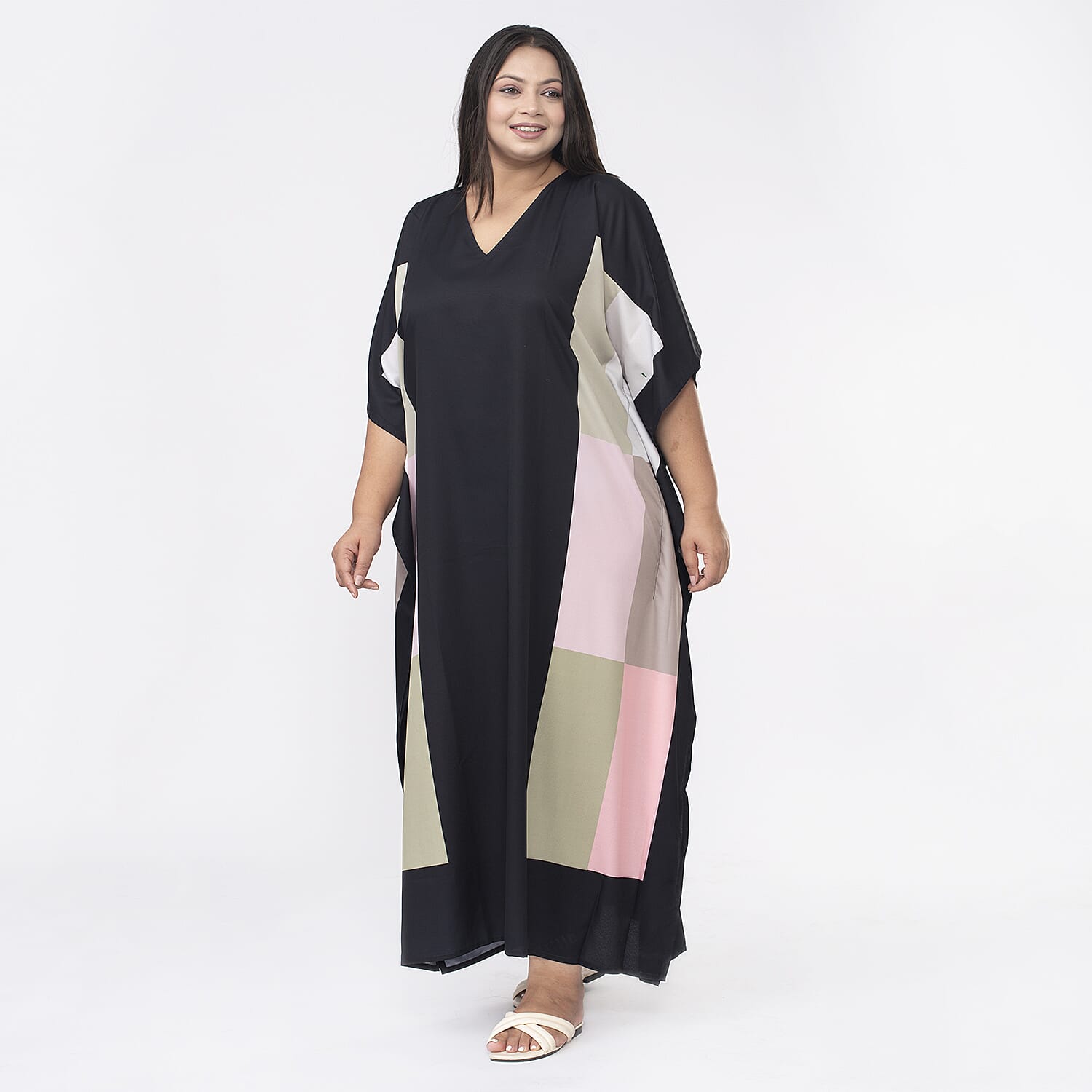 TAMSY Square Printed Long Kaftan (One Size Curve, 20-26) - Pink and Black