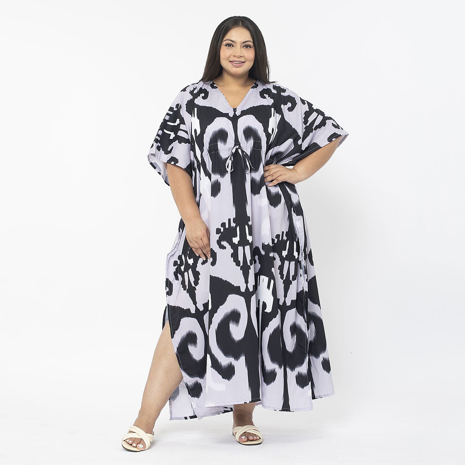 TAMSY Exclusive Ikat Print Long Kaftan (One Size, 8-18) - Lilac