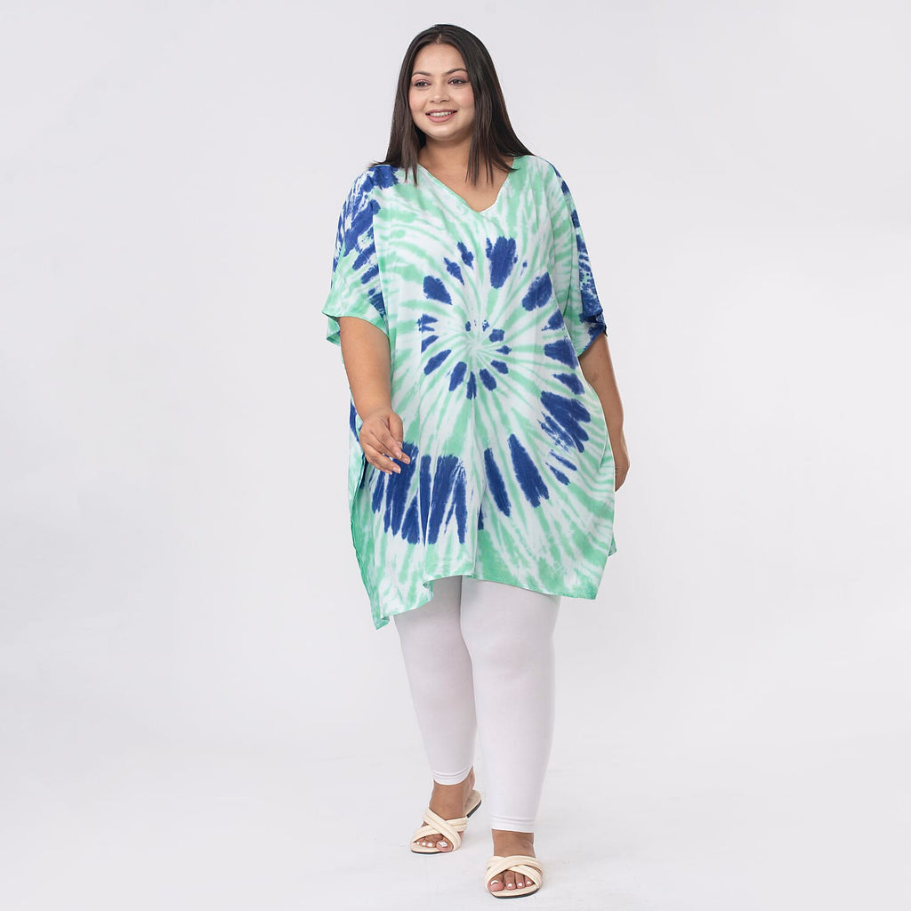 Tamsy 100% Viscose V-Neck Tie Dye Short Kaftan (One Size Curve,20-26) - Green and Blue