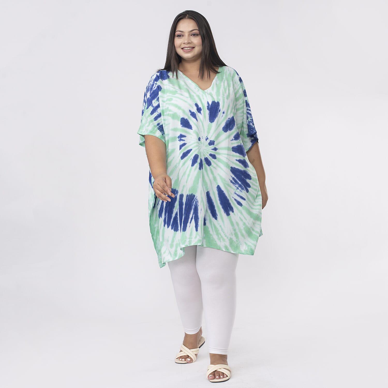 Tamsy 100% Viscose V-Neck Tie Dye Short Kaftan (One Size Curve,20-26) - Green and Blue