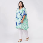Tamsy 100% Viscose V-Neck Tie Dye Short Kaftan (One Size Curve,20-26) - Green and Blue