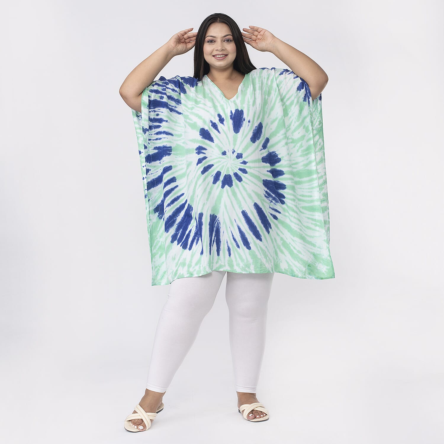 Tamsy 100% Viscose V-Neck Tie Dye Short Kaftan (One Size Curve,20-26) - Green and Blue