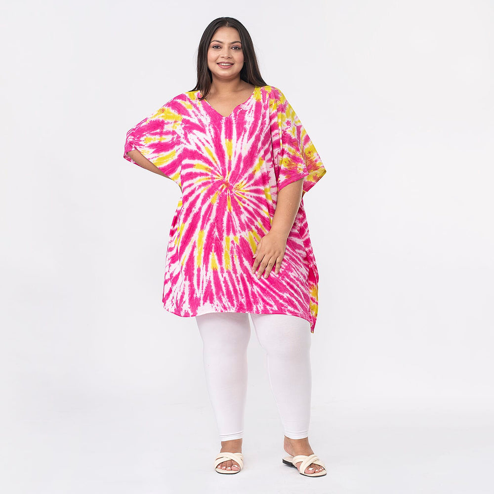 Tamsy 100% Viscose V-Neck Tie Dye Short Kaftan (One Size Curve,20-26) - Red and Brown