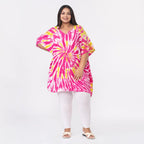 Tamsy 100% Viscose V-Neck Tie Dye Short Kaftan (One Size Curve,20-26) - Red and Brown