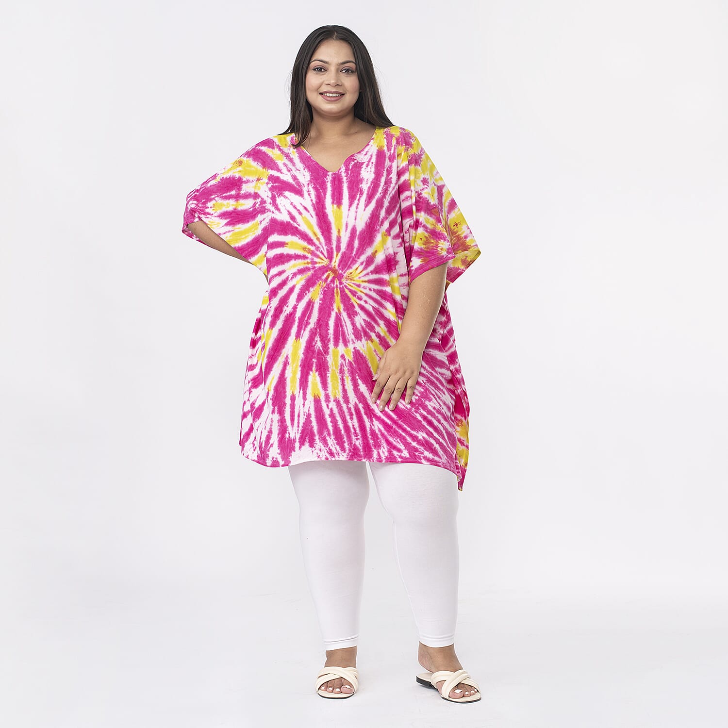 Tamsy 100% Viscose V-Neck Tie Dye Short Kaftan (One Size Curve,20-26) - Red and Brown