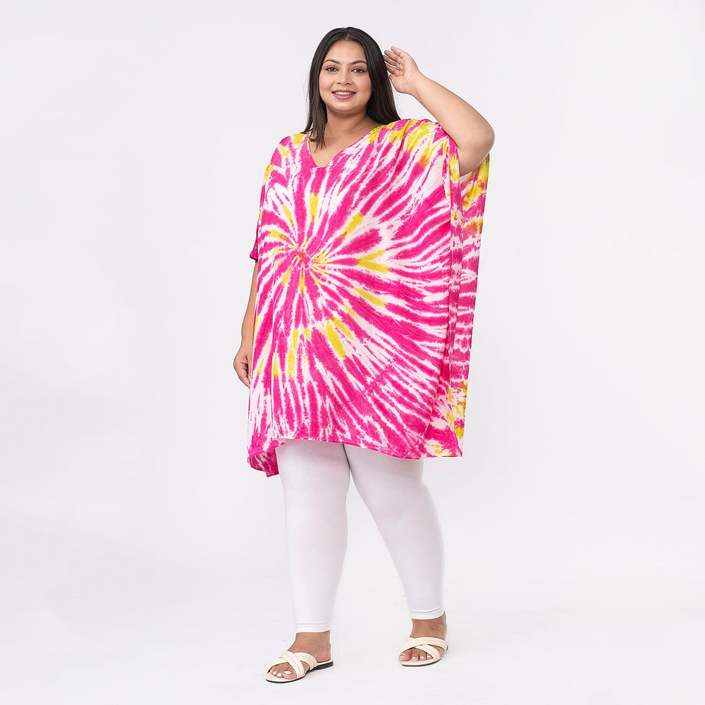 Tamsy 100% Viscose V-Neck Tie Dye Short Kaftan (One Size Curve,20-26) - Red and Brown