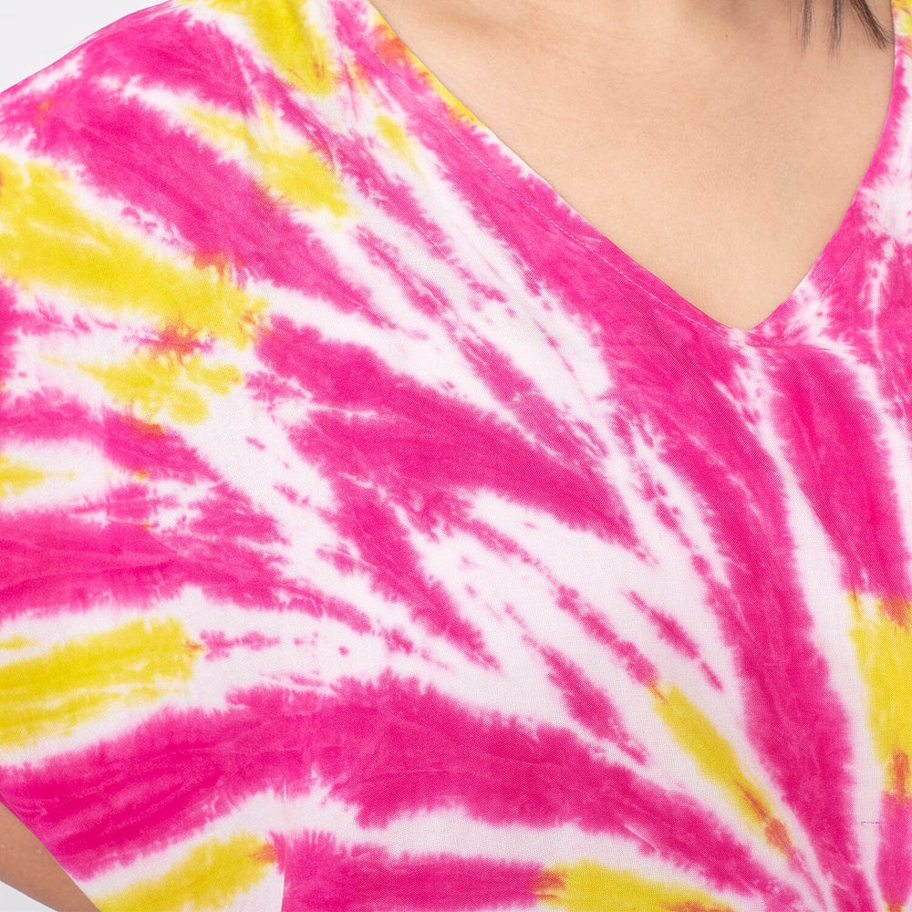 Tamsy 100% Viscose V-Neck Tie Dye Short Kaftan (One Size Curve,20-26) - Red and Brown