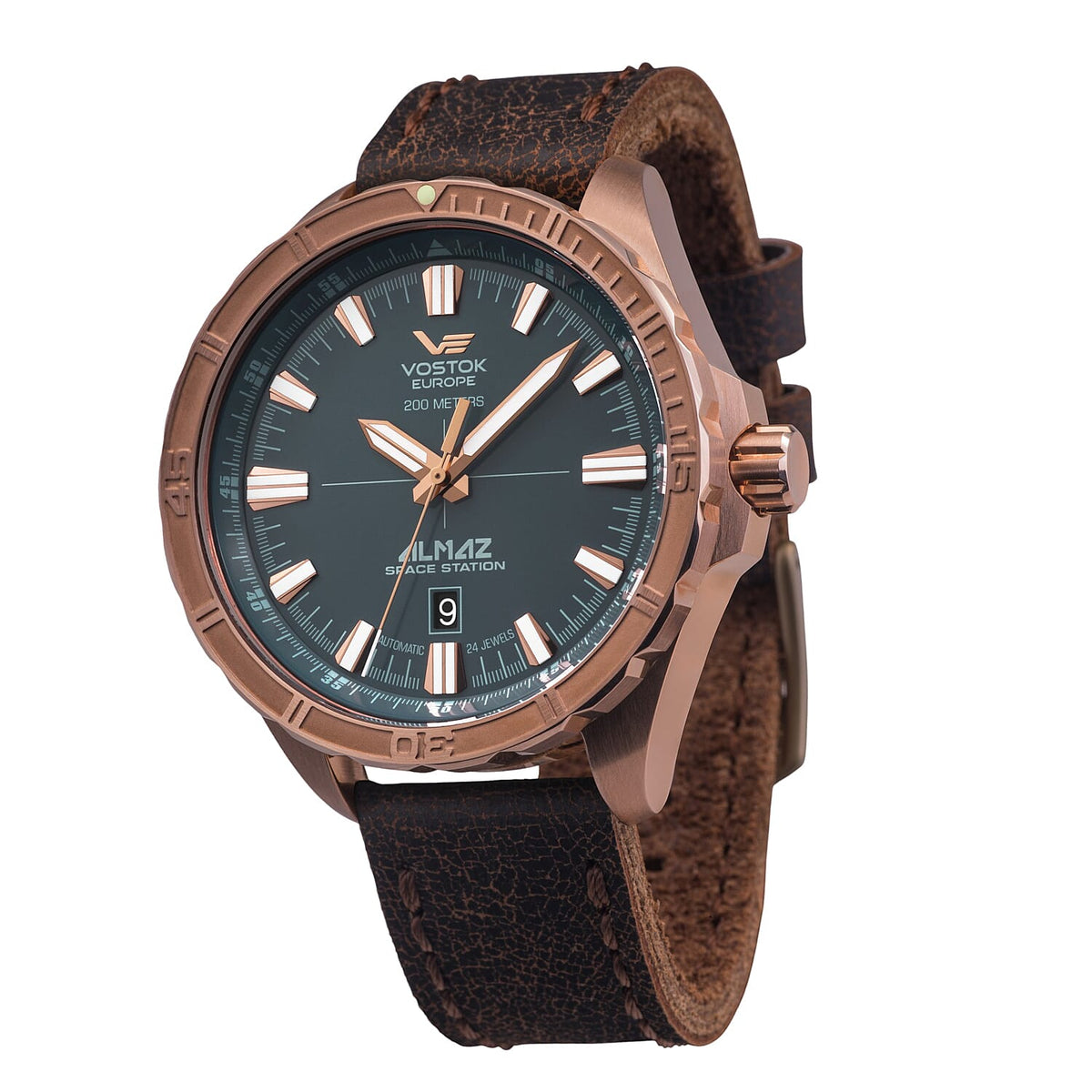 EUROPE Almaz Automatic Movt. 20ATM WR Bronze Plated Watch Leather Strap