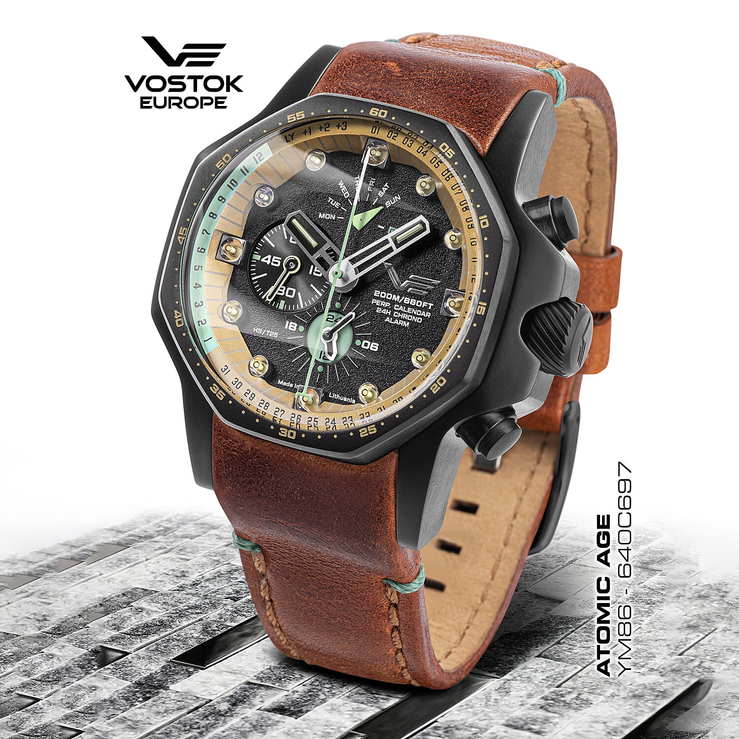 VOSTOK EUROPE Atomic Age Automatic Movt. Black PVD 20ATM WR Mens Watch with Brown Strap